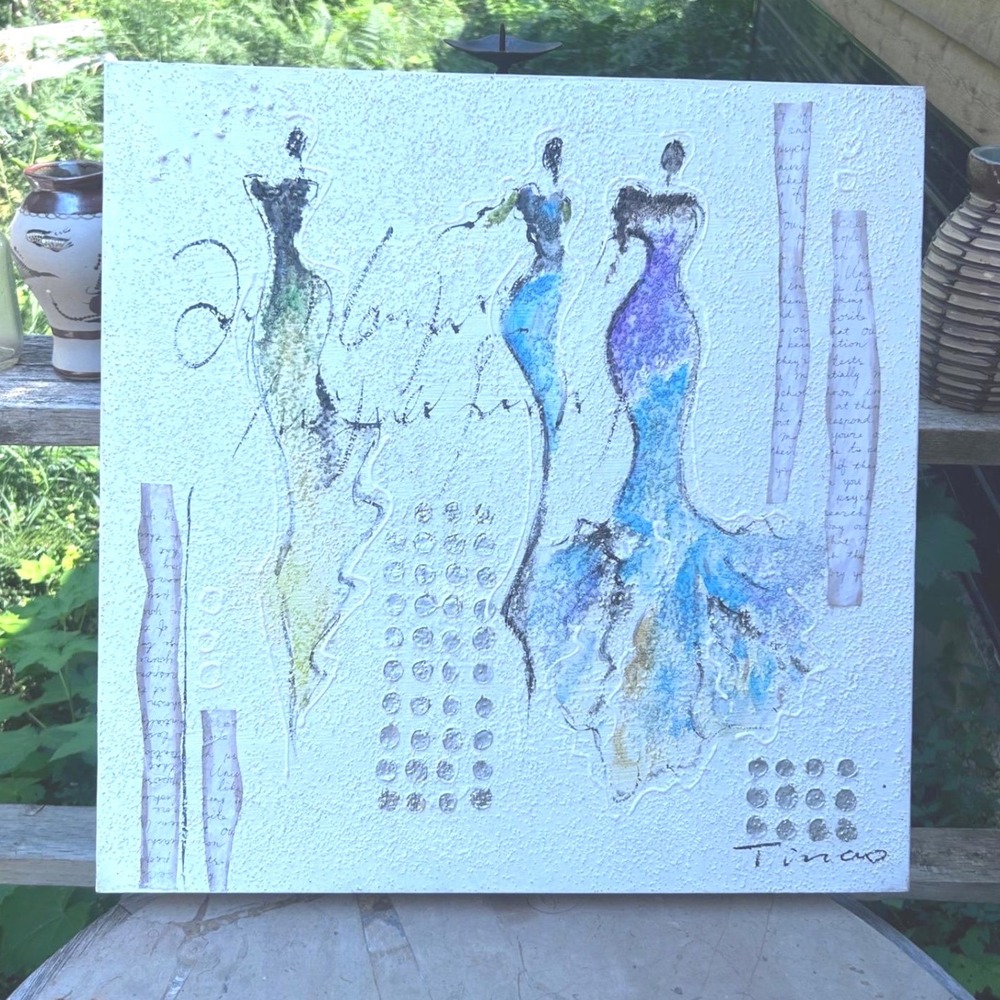 Original Mixed Media Fashion Illustration Large Canvas Art 24x24 Gown TinasTinos